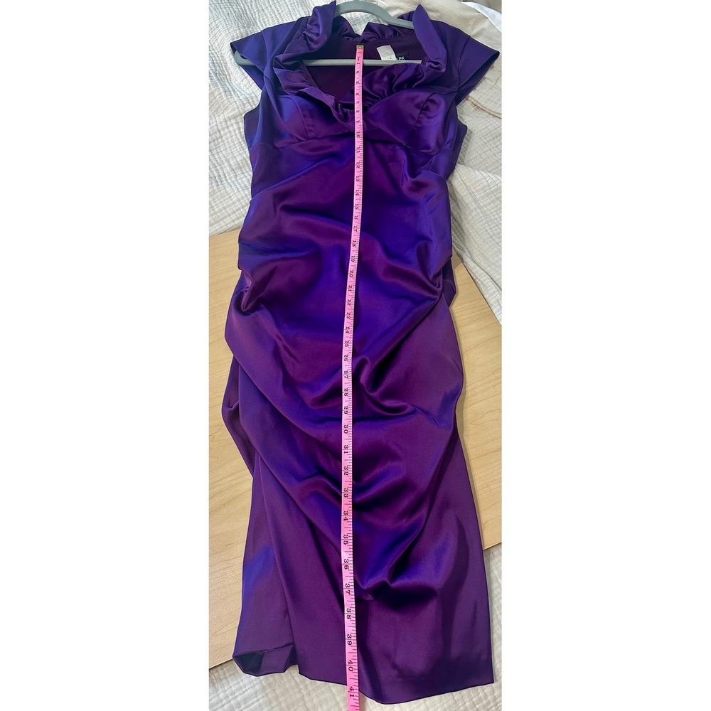 Xscape by Joanna Chen Purple Satin Ruffle Neck Ruched Midi Cocktail Dress 10 - Picture 6 of 6